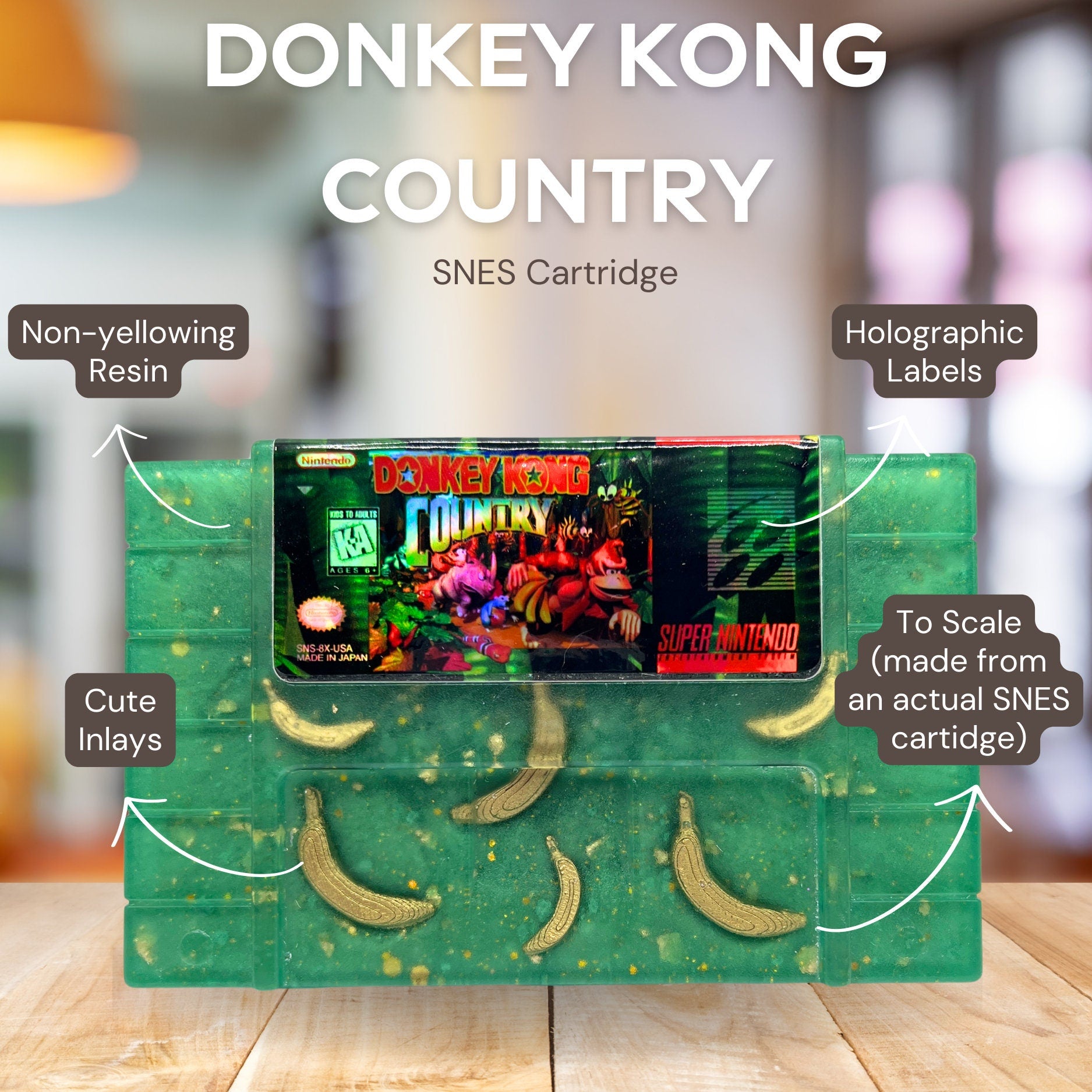 Retro Donkey Kong Country SNES cartridge art featuring embedded golden banana accents. Handmade and perfect for collectors or retro gaming fans seeking unique decor or gifts.