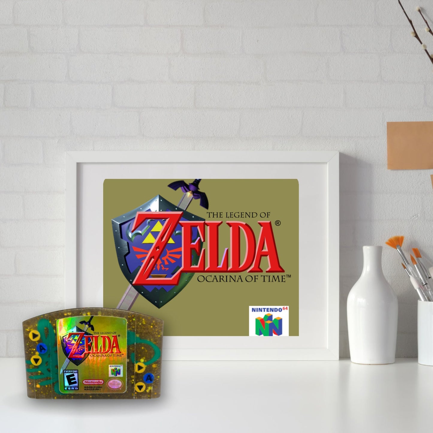 This handmade Zelda Ocarina of Time resin cartridge features vibrant custom art, adding a nostalgic touch for retro gaming fans. Ideal as a unique gift or display piece for collectors and gamers alike. 