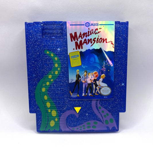 Handmade custom Maniac Mansion NES cartridge art, featuring a starry night background and iconic tentacles from the game. Perfect for displaying as unique gamer decor or a gift for retro game enthusiasts.