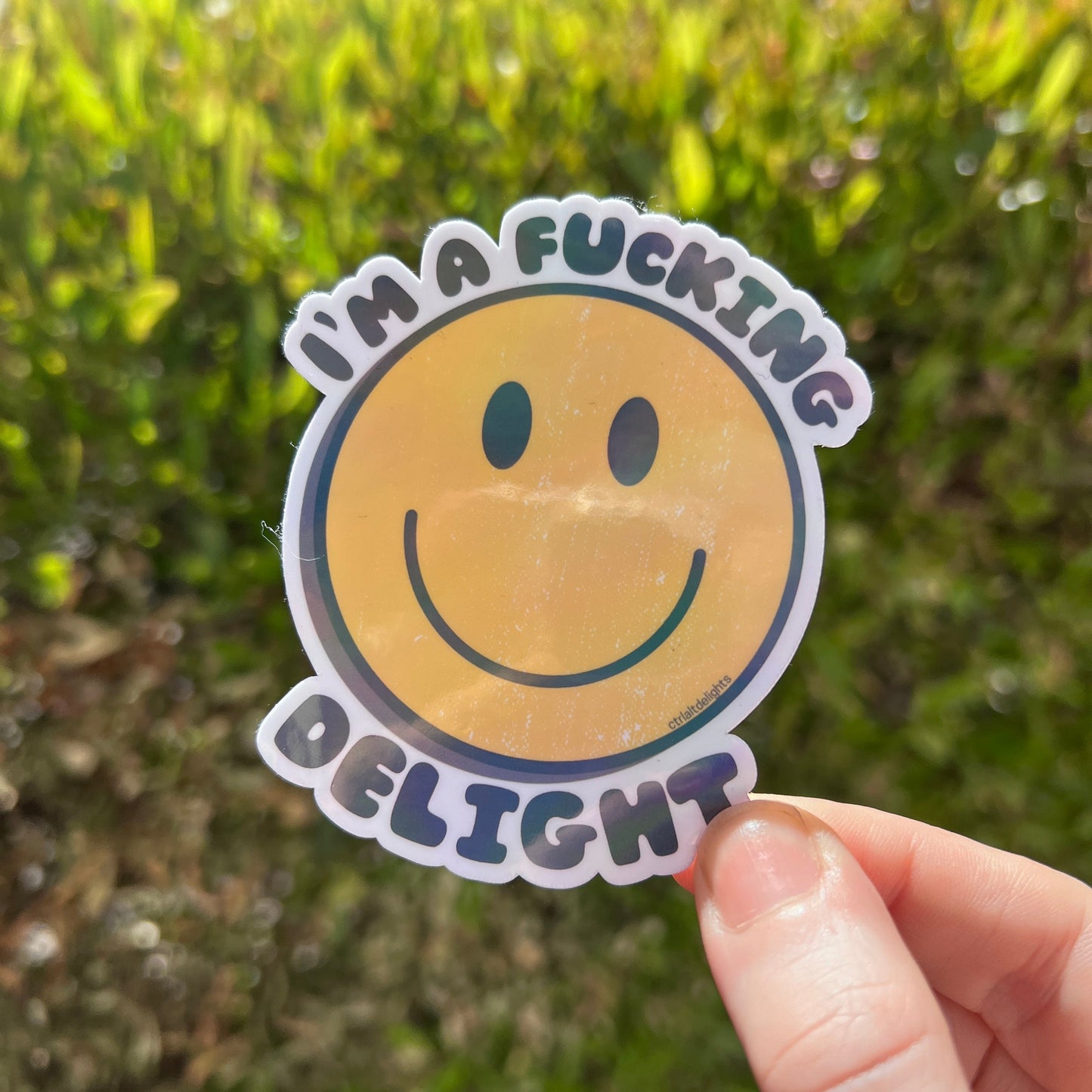 A holographic sticker featuring a smiley face with the bold text I'm a F**king Delight. Perfect for adding humor and positivity to your belongings.