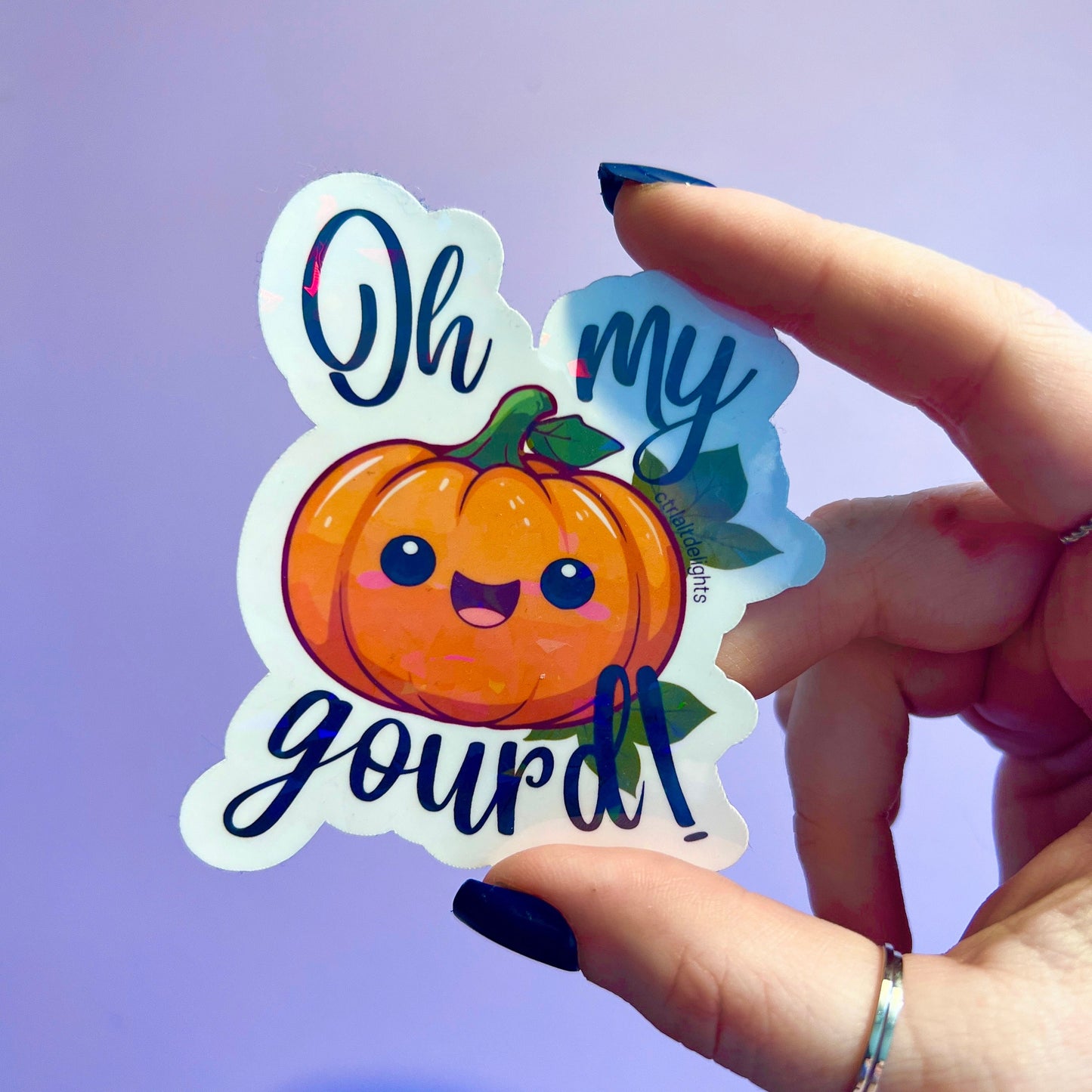 holographic Oh My Gourd! pumpkin sticker. The cute kawaii design features a smiling pumpkin with vibrant fall colors and a glossy finish, perfect for autumn or Halloween decor