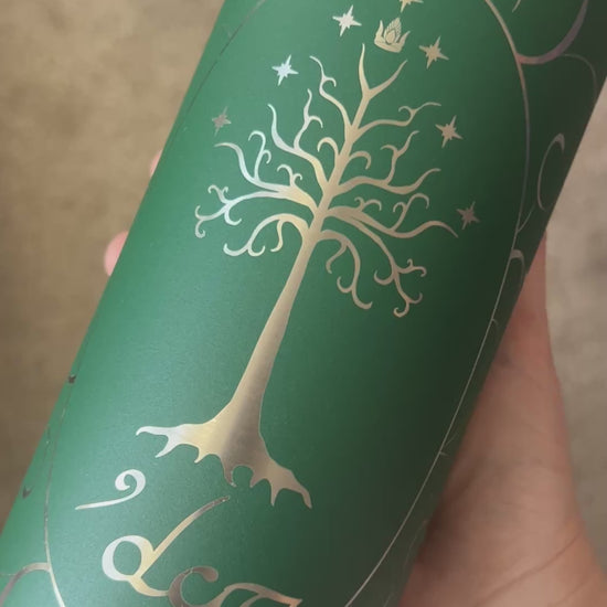 Laser engraved stainless steel water bottle featuring the Tree of Gondor from Lord of the Rings. Includes personalized name option. Perfect gift for LOTR fans