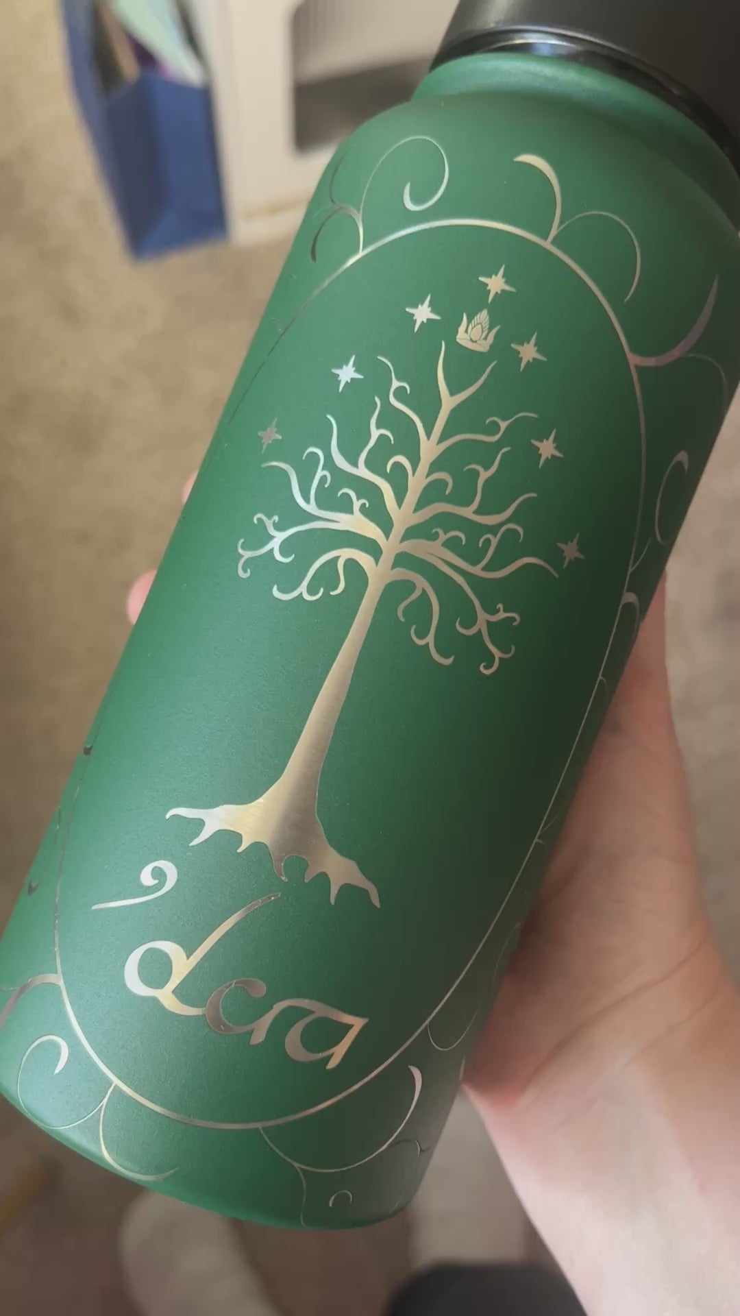 Laser engraved stainless steel water bottle featuring the Tree of Gondor from Lord of the Rings. Includes personalized name option. Perfect gift for LOTR fans